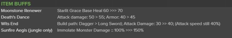 Death's Dance and Sunfire Aegis are both buffed, with Sunfire Aegis particularly buffing jungle champions