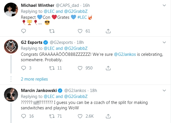 Jankos reacts when Coach GrabbZ receives the Coach of the Year award: 'What has he done besides making cakes and playing WoW?'