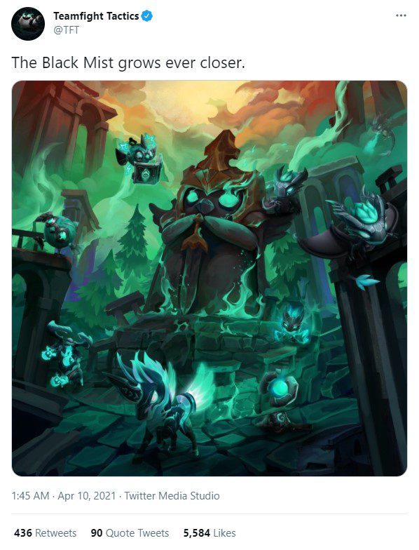 Teamfight Tactics Twitter page posting about the Spirit Beasts being corrupted by the Black Mist