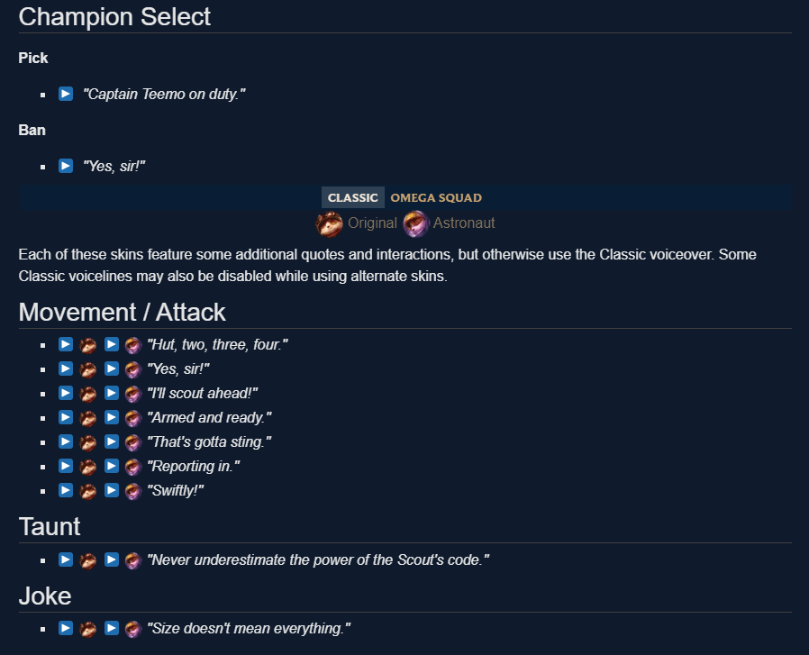 Teemo only has 11 voice lines in the game, a very small number compared to other champions