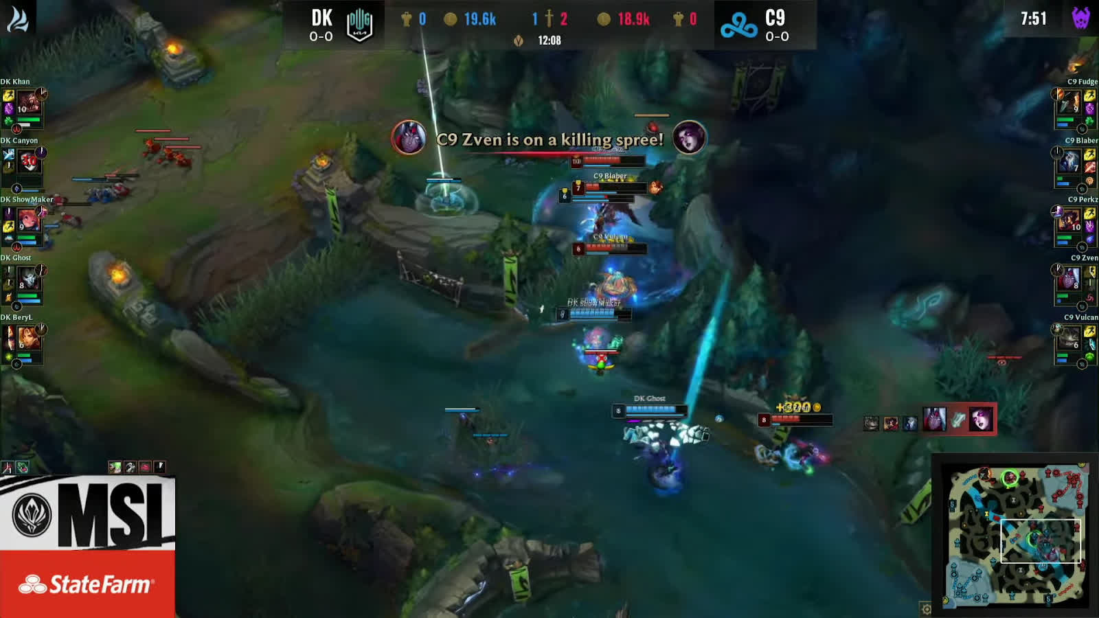 In the early game, it seemed like C9 would cause an upset by successfully ambushing DK with 3 consecutive kills for Zven