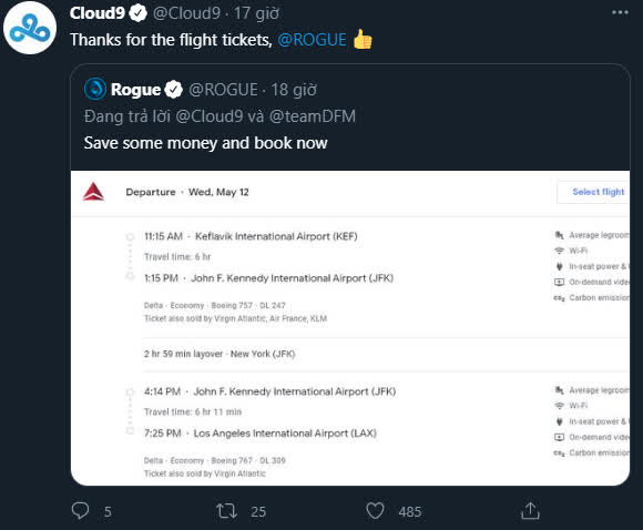 Cloud9 was also mocked by Rogue for already booking their flight back to the USA