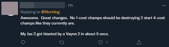 Great, there won't be a 1-cost champion taking down a 4-cost 2-star champion anymore. My 3-star Jax was taken down in just 5 seconds by a 2-star Vayne