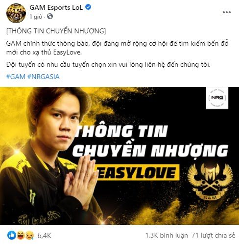 Transfer information of EasyLove on GAM Esports' social media