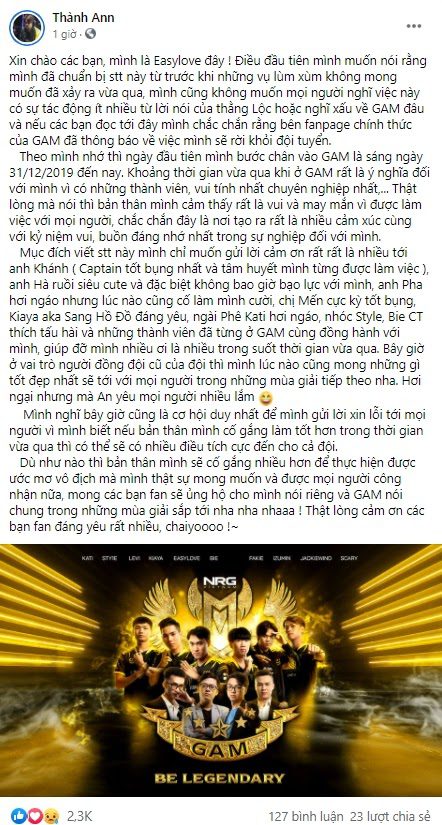 EasyLove thanks the GAM Esports team on his personal page