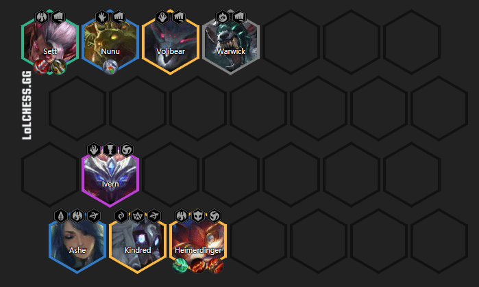 The composition at level 8 with Ashe and Kindred in the backline