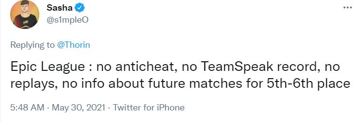 S1mple's criticisms towards the Epic League organizers