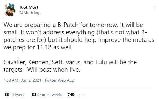 Riot Mortdog's announcement about the patch coming tomorrow, targeting names like the Knight composition, Kennen, Sett, Varus, and Lulu before the official release of patch 11.12
