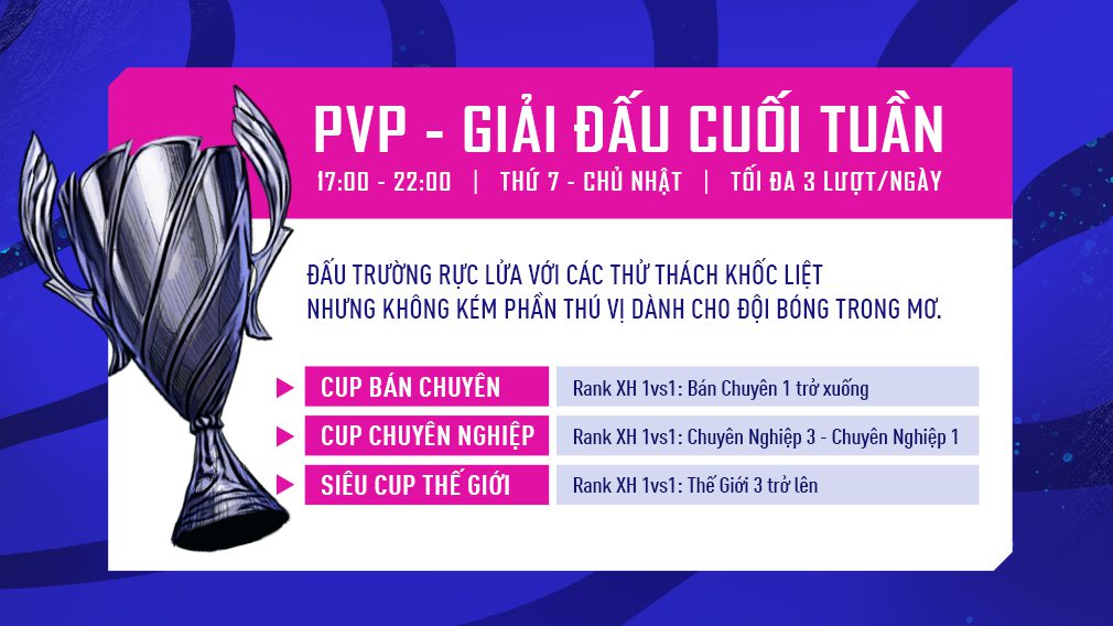 PvP cups on weekends (Saturday and Sunday).