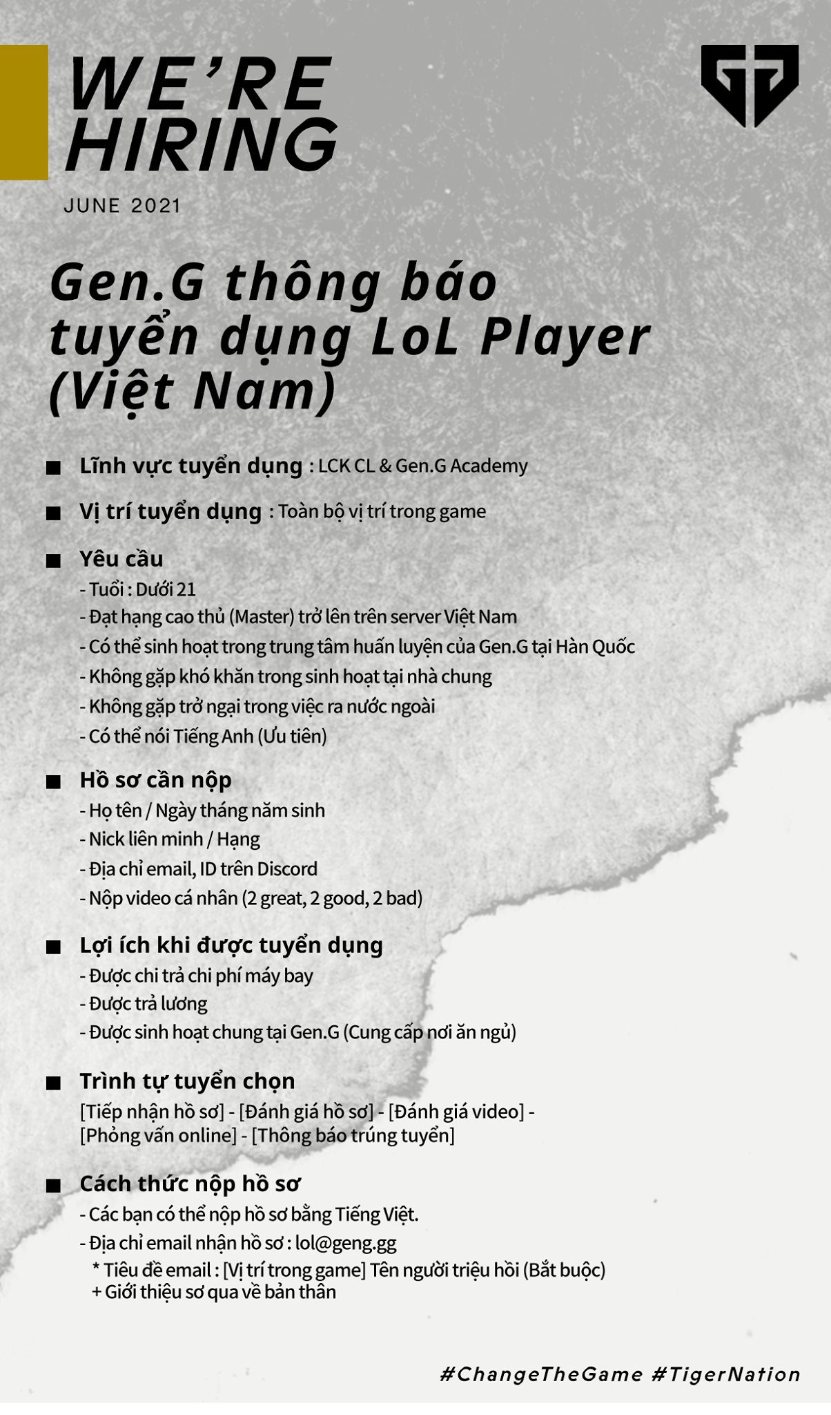 Recruitment announcement for young talents in Vietnamese League of Legends released by Gen.G