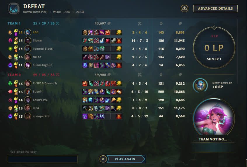 Player with the account name '485' lost 9 ranked points after a normal match