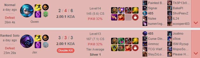 Ranked points deducted due to a previous loss with Jax by '485'