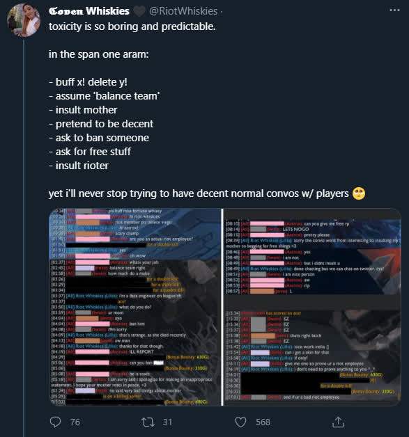 Riot employee Whiskies often shares experiences of being insulted on Twitter