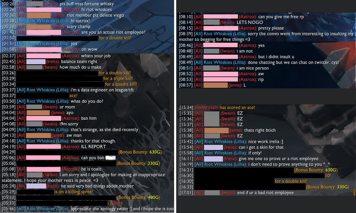 Players insult Whiskies as soon as they find out she is a Riot employee