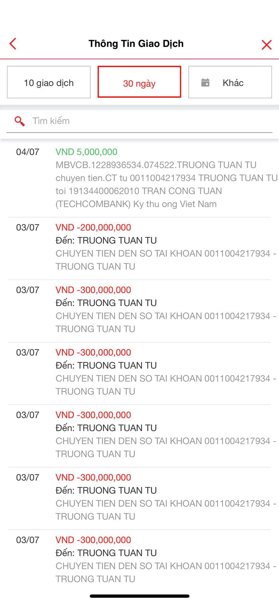 Screenshot of Sena's account transaction information posted by T., revealing transactions aimed at participating in sports betting