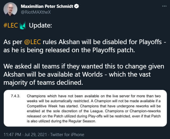 Announcement on 29/07 from Riot regarding the ban of Akshan from playoff matches in Summer 2021 across all regions