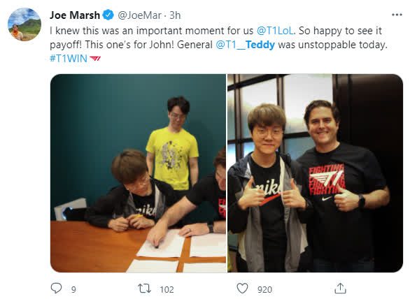 Chairman of T1 Joe Marsh: I know this is an important moment for T1. I’m so happy to see it pay off. Shoutout to John! Today Teddy was truly invincible. #T1WWIN