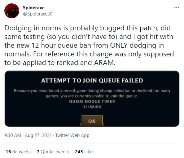 Spideraxe even believes this is a bug since penalties for AFK behavior during the pick and ban phase or declining games have only appeared in ranked mode