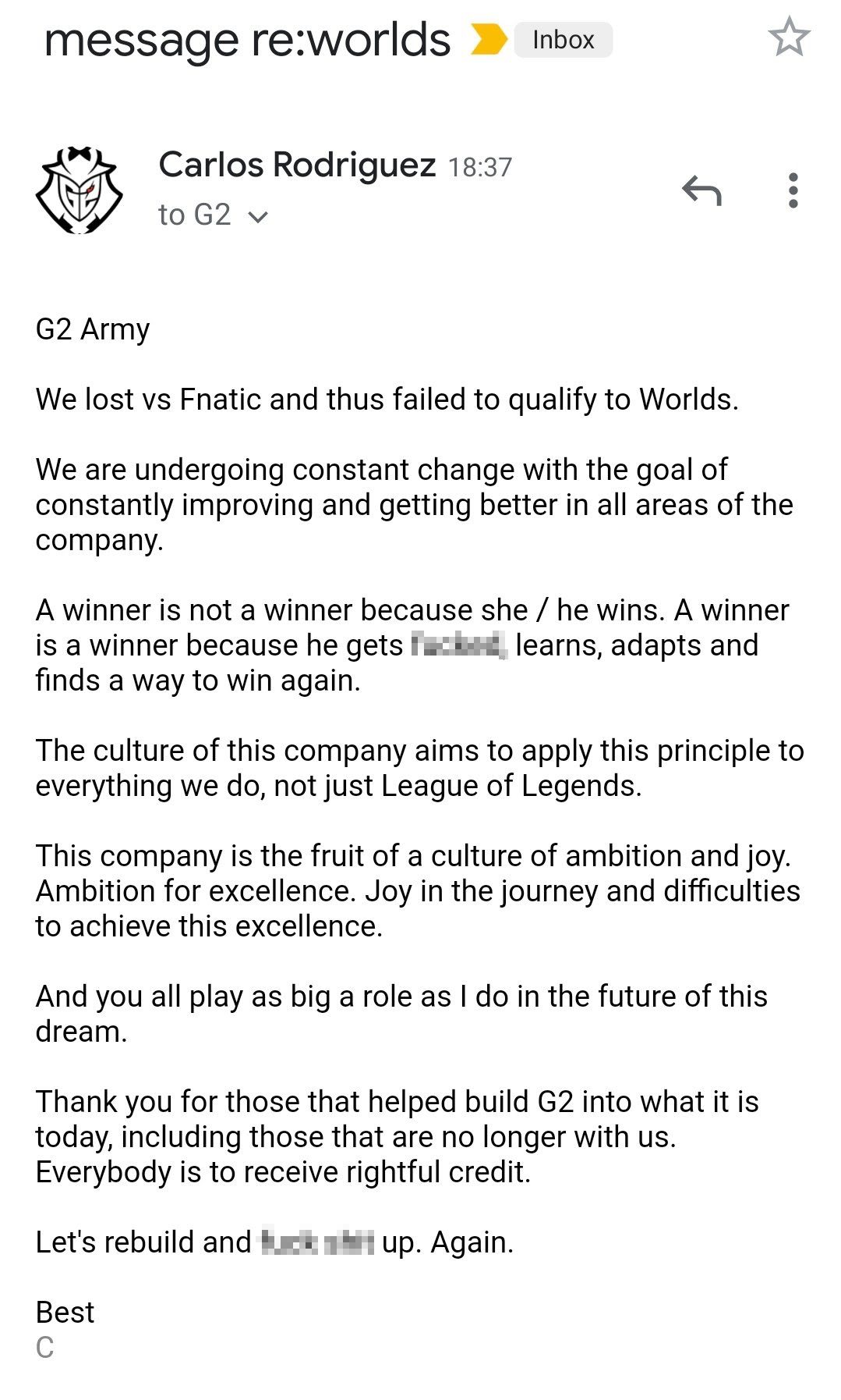 The letter from the G2 President sent to the entire team after the loss to FNC