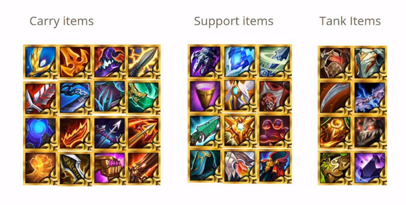 Radiant Items are categorized into groups such as damage, utility, and tank