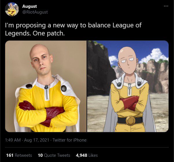 Riot August shares on social media his cosplay as One Punch Man