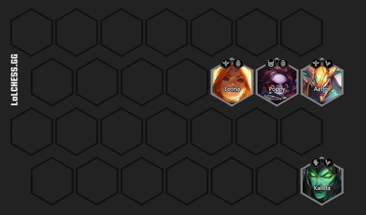 The ideal starting team at level 4, you should hyper-roll and level Kalista and Aatrox to 3 stars as soon as possible