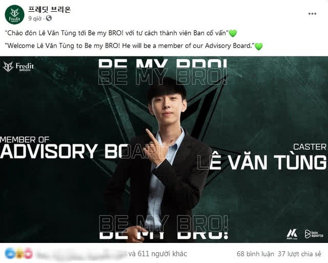Announcement of commentator Văn Tùng's recruitment posted on the Fredit Brion homepage