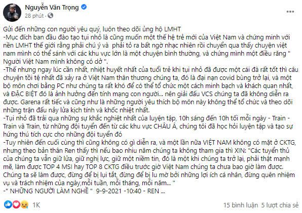 Coach Nguyễn 'Ren' Văn Trọng expresses regret but also encourages his students and reassures fans