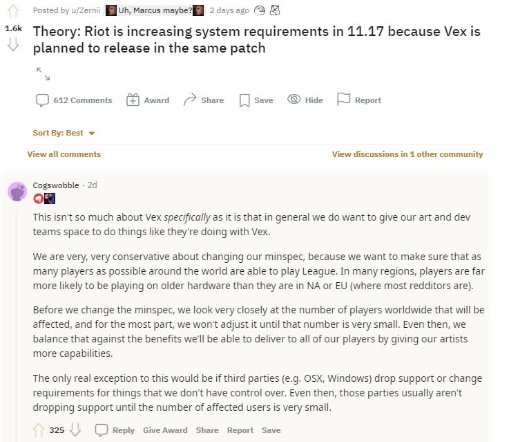 Announcement from Riot staff about upgrading system requirements due to Vex's arrival