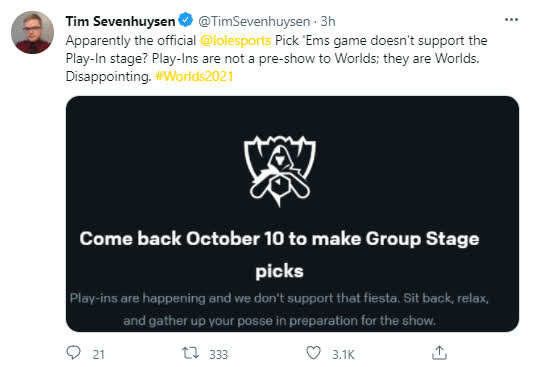 Tim Sevenhuysen - Esports data analyst expresses frustration upon reading Riot's announcement about not supporting the play-in stage