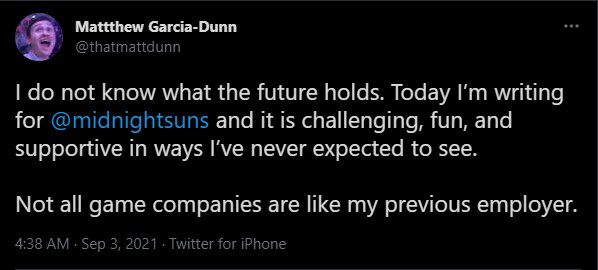Matt Dunn recently revealed that he has moved on to write the storyline for the game Marvel's Midnight Suns