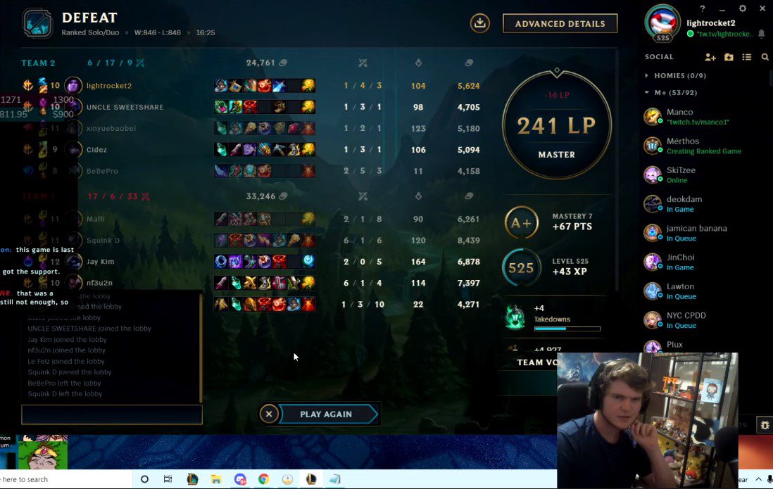 Lightrocket2 had 241 ranking points in Challenger rank before the aforementioned loss occurred