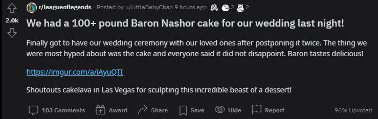 The post sharing about LittleBabyChan's Baron wedding cake received over 2000 upvotes on Reddit
