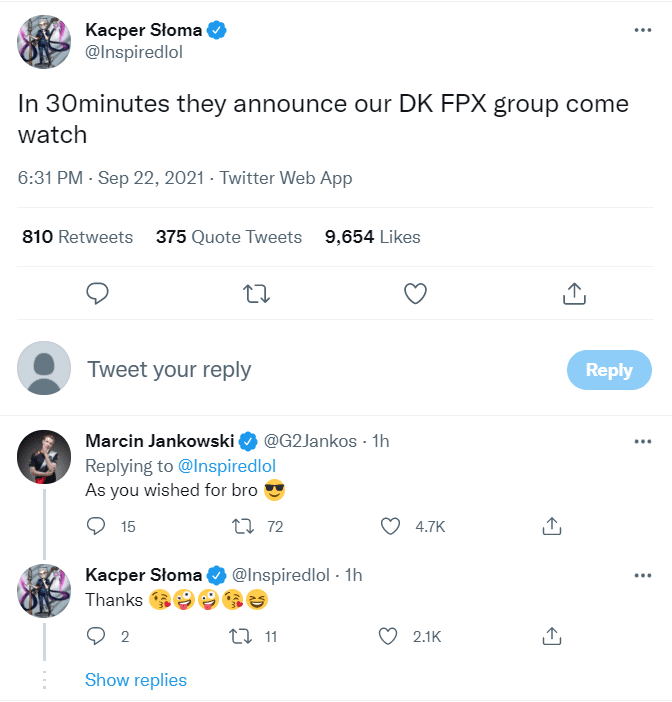 Young star Inspired expressed quite an interest in this draw result, thanking Jankos for his 'wish granted' as he gets to face DWG KIA and FPX - two teams he really wanted to compete against