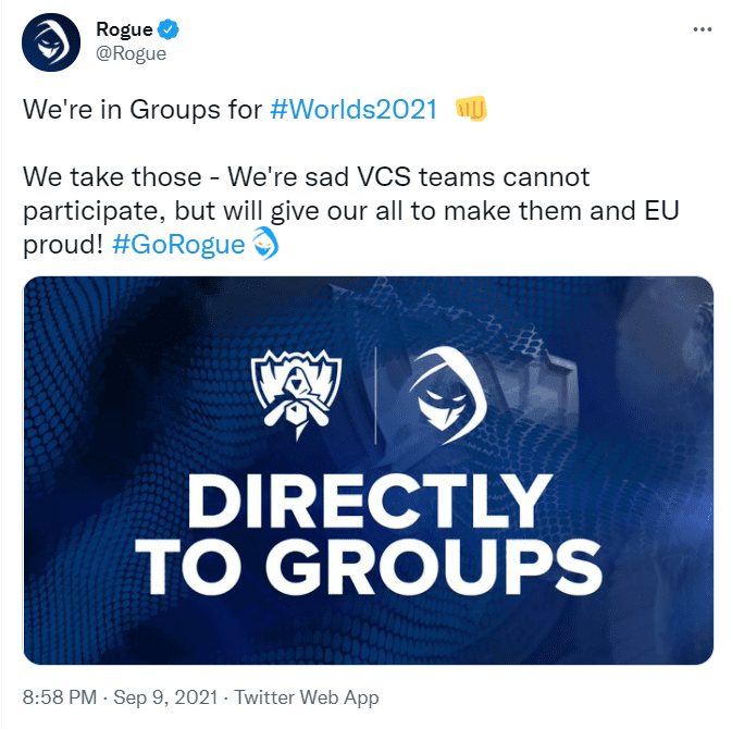 "We will enter the group stage of Worlds. We can only say that it is sad that VCS teams cannot participate in this tournament. But we will do everything to make them and EU proud!" - Rogue sends a message of encouragement to VCS after getting a slot in the group stage of Worlds from GAM