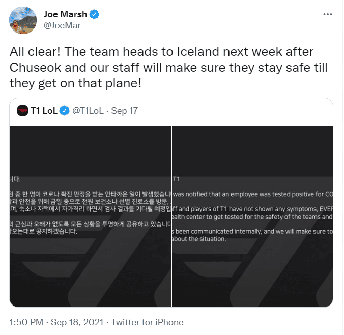 CEO Joe Marsh announces that the entire T1 team has tested negative for COVID-19