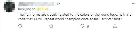 Their jersey resembles the color of the World Championship logo. Is this a sign that T1 will win again? Scripted, right Riot?