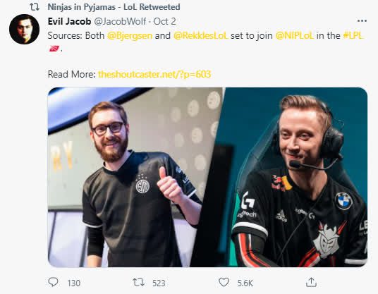 NIP's official site did not hesitate to share an unofficial source about Rekkles (and possibly Bjergsen) joining this team
