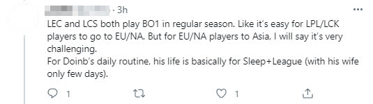 LEC and LCS only play BO1 during the season. Clearly, it’s much easier for LPL/LCK players to join Europe and America. But for European and American players to come to Asia, I would say it’s very challenging. For example, Doinb, his life revolves around sleep and League of Legends (only a few days does he dedicate to his wife)