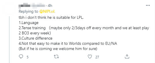 A fan pointed out the challenges (cultural, language, training schedules, competitions, etc.) of the LPL compared to Europe and America