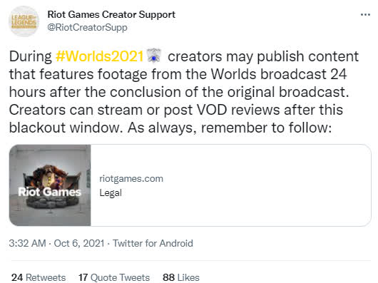 Riot's announcement regarding match copyright issues