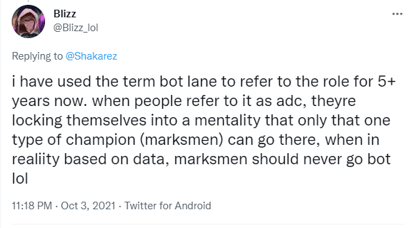 Riot Games analyst, who has participated in the production of Senna, Samira, Rell, Viego, Akshan - Blizz: "I have used the term Bot Lane to refer to this position for over 5 years. When people call that position ADC, they limit their own thinking that only one type of champion (ADC) can play in the Bot Lane. In reality, based on the data, ADCs should never go Bot Lane."