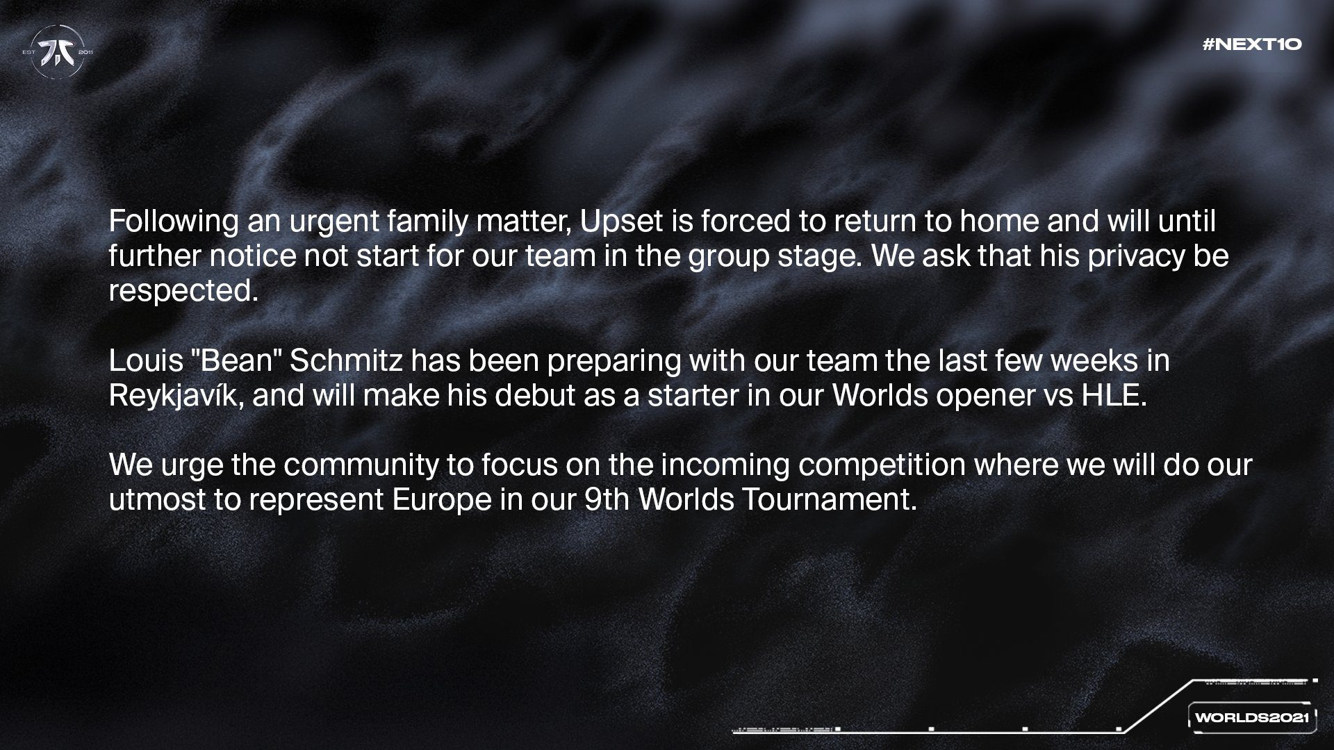 Fnatic's announcement regarding Upset's departure from the tournament