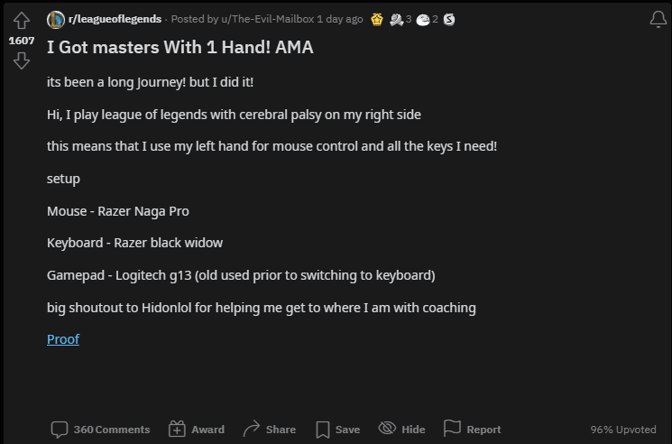 His post on Reddit has received over a 96% upvote rate