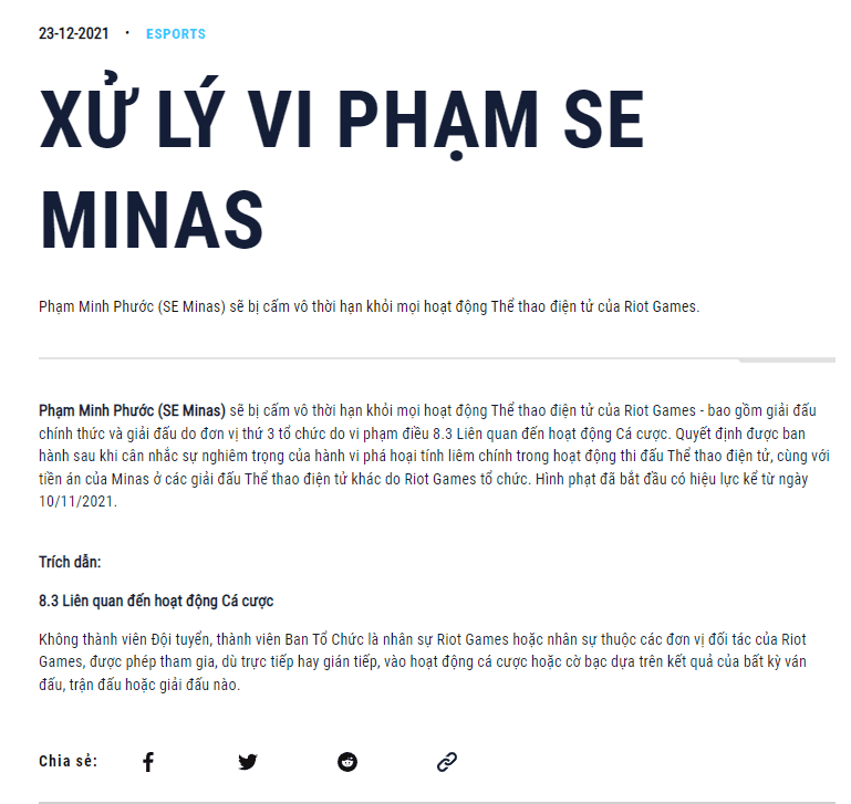 Riot's verdict for Minas due to gambling activities