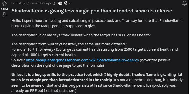 League of Legends players have recently discovered that Shadowflame provides less magic penetration than described