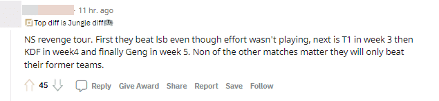 NS's revenge journey. First, they defeated LSB even though Effort didn’t play, then T1 in week 3, KDF in week 4, and finally Gen.G in week 5. Most matches involved NS players facing their old teams