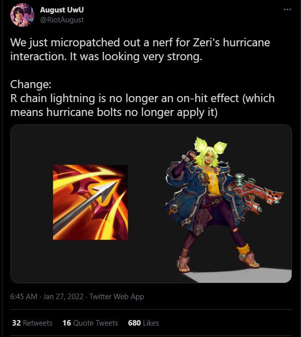 And just a few hours ago, Riot August announced that he has officially removed the interaction between Runaan's Hurricane and Zeri's multi-target lightning strike ability from her ultimate