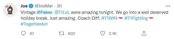 T1 CEO Joe Marsh: "This is the Faker of old. A magical night for T1. We deserve a break. So magical."