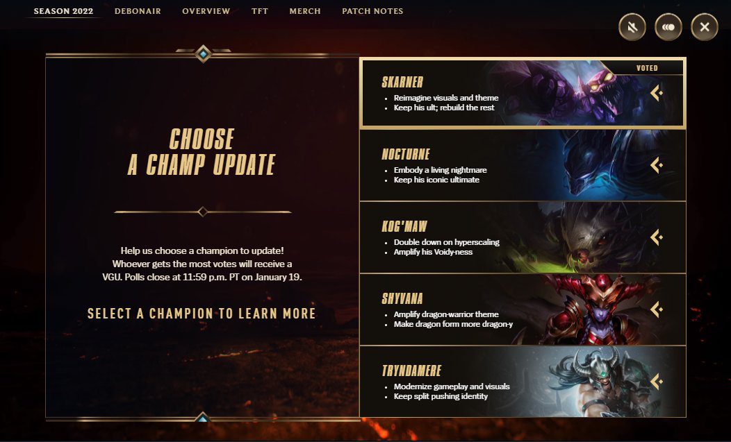 Currently, players can vote for one of five champions to receive the next rework